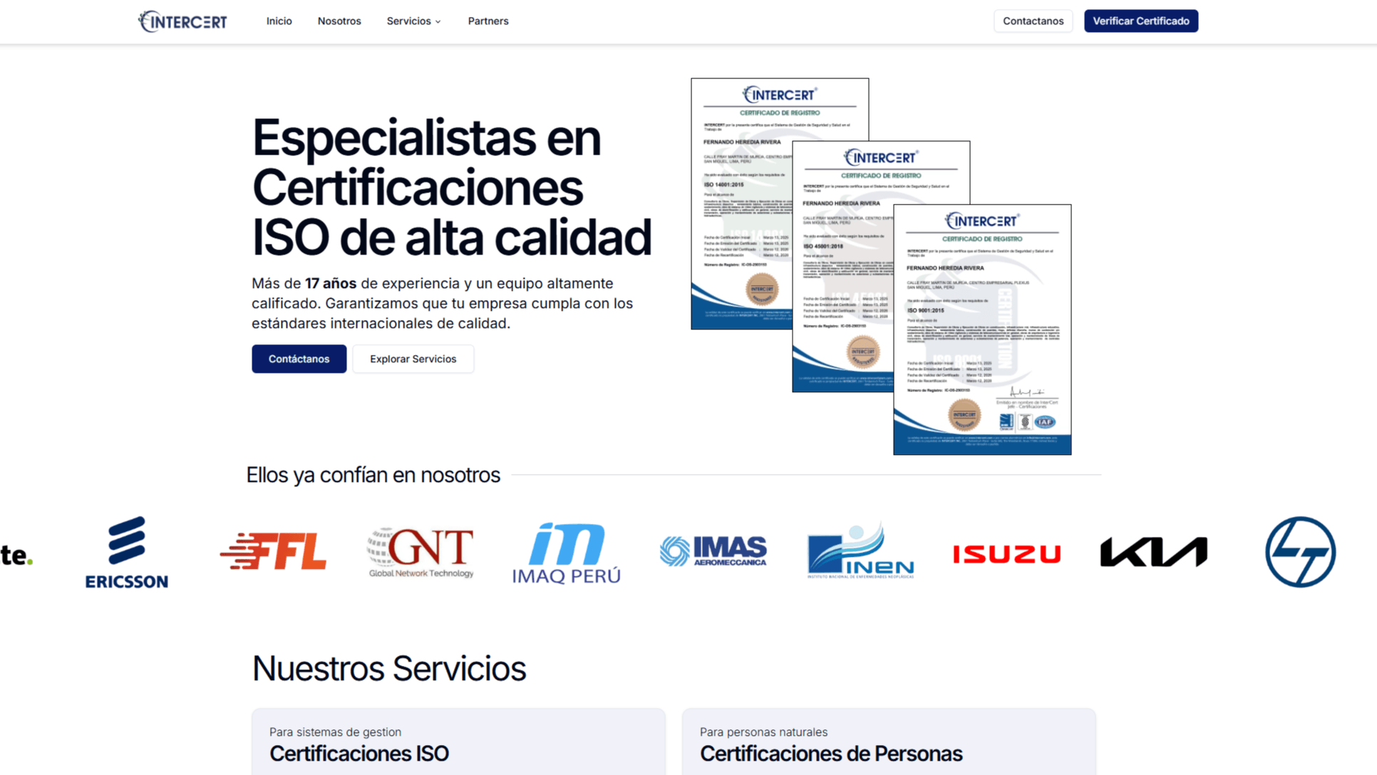 Intercert Peru website